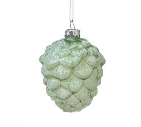 OR026 GLASS PINECONE ORN SLATE GREEN W/ICE GLITTER