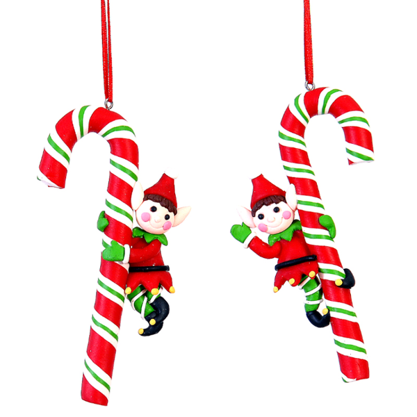 12/144-2Asst 12cm Clay dough candy cane w/elf hanging orn