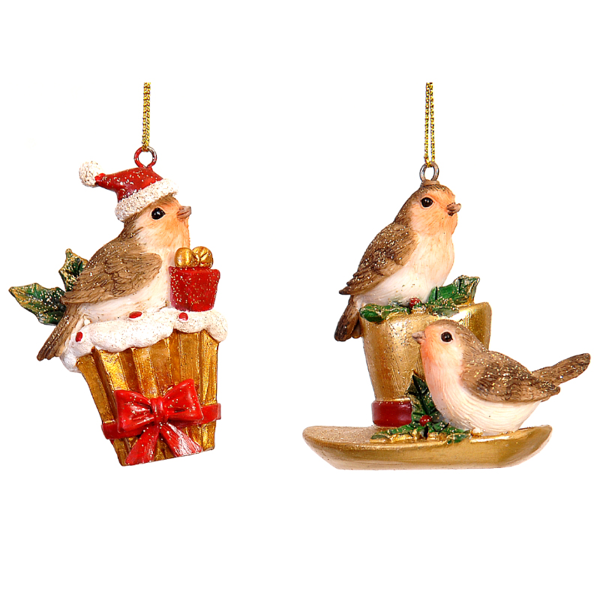 12/288-2Asst 7cm Polyresin birds sitting in a hat & gift