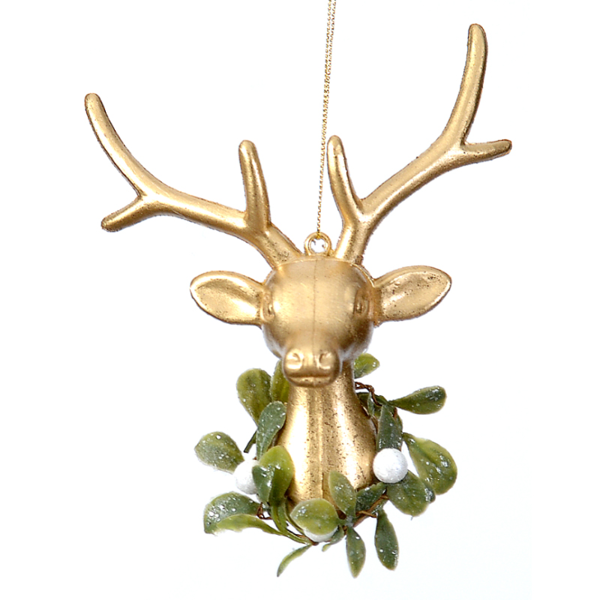 12/96-14cm Plastic gold painted deer head w/wreath orn