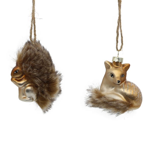 12/72-2Asst 9cm Glass brown fox & squirrel hanging orn