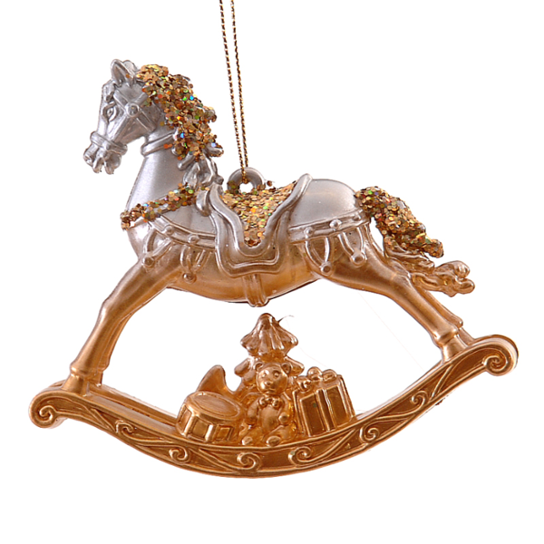 12/144-11,50cm Gold & silver paint rocking horse orn w/light gold diamond sequin